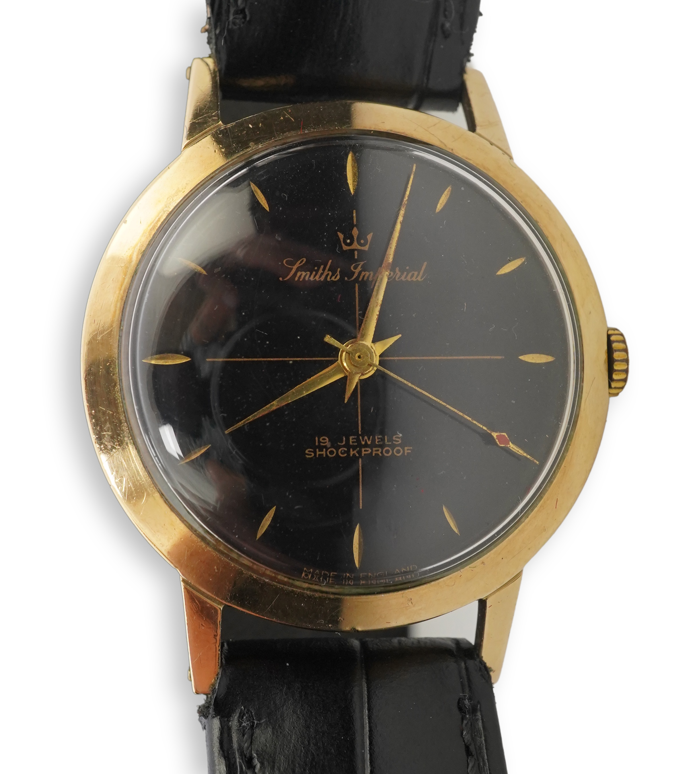 A gentleman's 1950's 9ct gold Smiths Imperial manual wind wrist watch, on a later associated Condor leather strap